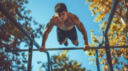 Man doing pull-ups on metal bar