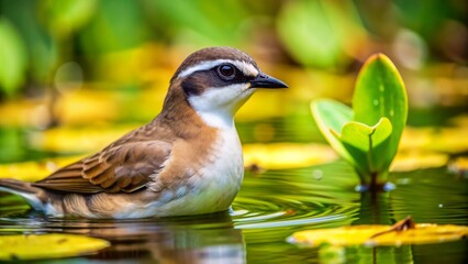Obraz premium Small brownish bird with distinctive black throat patch and whitish belly swimming in serene lake surrounded by lush vegetation ambiance.