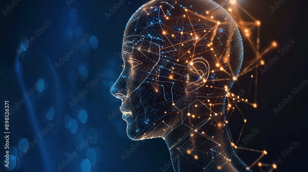 Aufkleber A stylized digital portrait of an AI writer, illuminated with glowing points of light, suggesting its computational processing and creativity. Generative AI