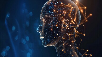 A stylized digital portrait of an AI writer, illuminated with glowing points of light, suggesting its computational processing and creativity. Generative AI