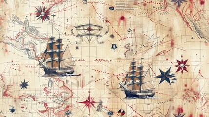 Antique Nautical Map Pattern with Ships and Stars, vintage theme