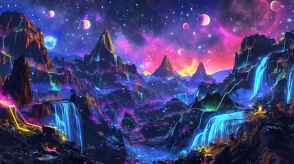 A planet with neon-lit mountains, holographic waterfalls, and bioluminescent forests under a star-filled, electric sky with multiple glowing moons.