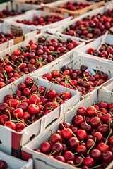 cherry in boxes on the store counter. Selective focus.