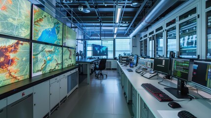 Fototapeta premium high-resolution geospatial analysis lab where researchers use digital mapping to study climate change and environmental impacts