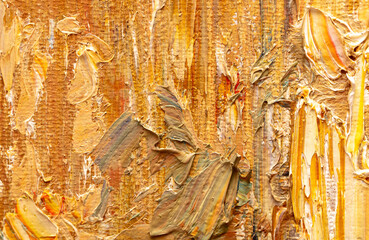 Orange-yellow-red oil paints applied with a spatula to canvas. Abstract background