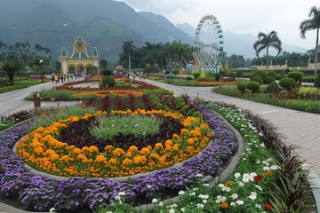 Obraz premium Dynamic amusement park abounding with colorful attractions and lively entertainment