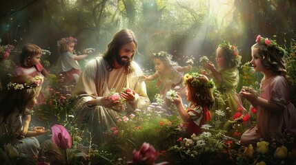 Jesus with children in a lush garden exchanging flowers