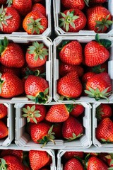 Strawberries in boxes on the store counter. Selective focus.