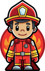 Smiling fireman wearing uniform and helmet with flame logo