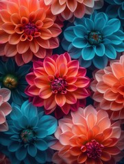 Colorful dahlia garden, symmetrical design, sunset glow, bird's-eye view, vibrant hues, detailed blossoms, wide-angle shot