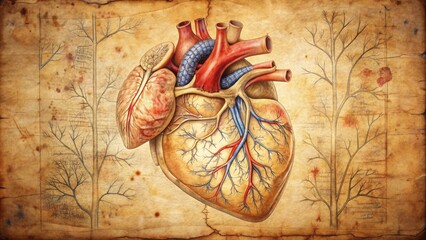 A vintage medical illustration of human heart anatomy with intricate pen and ink drawings on aged parchment background.