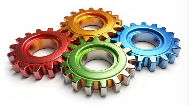 Colorful interlocking 3D gears with metallic surface and subtle shadows isolated on a clean white background, symbolizing efficient machinery.
