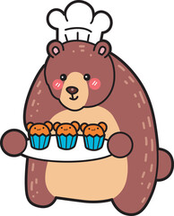 Illustration of cute bear icon.
Funny bear in daily activities elements.
A big bear bring a cupcakes with chef hat