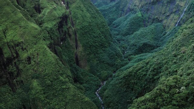Teahupoo, Tahiti aerial drone view of the river in valley of the mountain Orohena Aorai Ronui. French Polynesia 2024 Paris Olympics surfing spot. Paradise in Pacific Ocean crystal waters. Moana Disney