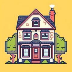 Fototapeta premium Retro Pixel Art of a Whimsical Cottage House on Colorful Background