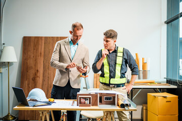 A Caucasian male engineer and an Italian male building contractor are planning and talking at a...