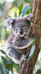 Fototapeta premium A fluffy koala clings to a tree branch in the Australian wilderness