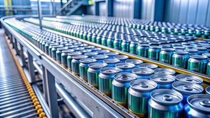 Vibrant aluminum cans move rapidly along sleek conveyor belts in a modern, well-lit beverage factory, highlighting efficient manufacturing processes.