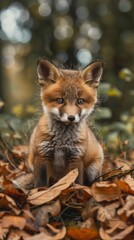 Naklejka premium Red fox kit sitting in a pile of leaves
