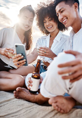Happy, friends and alcohol on beach with mobile, connection and video call with online contact. Bonding people, women and man in ocean with smartphone, conversation and beverage of beer or wine