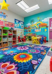 A brightly decorated kindergarten classroom with colorful rugs, educational toys, and vibrant wall...