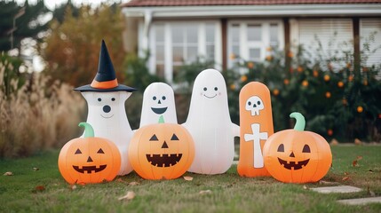 Halloween yard decorations with inflatables and tombstones close up, festive setup, realistic, Fusion, lawn