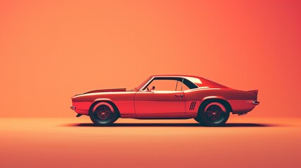 A classic red sports car, side view, isolated on an orange background.