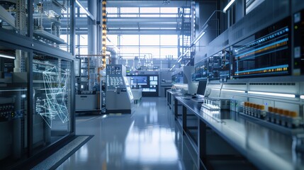 high-tech energy research lab where scientists use digital simulations to develop sustainable energy solutions