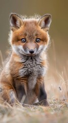 Fototapeta premium A red fox kit sits in a field of tall grass