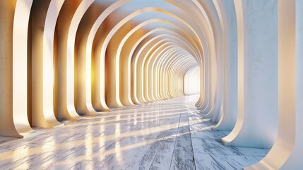 A futuristic, abstract hallway with an archway leading to a bright light at the end.