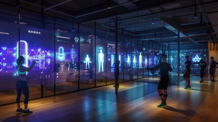 high-tech fitness center where trainers use digital tools to track workouts and provide real-time feedback on large interactive displays