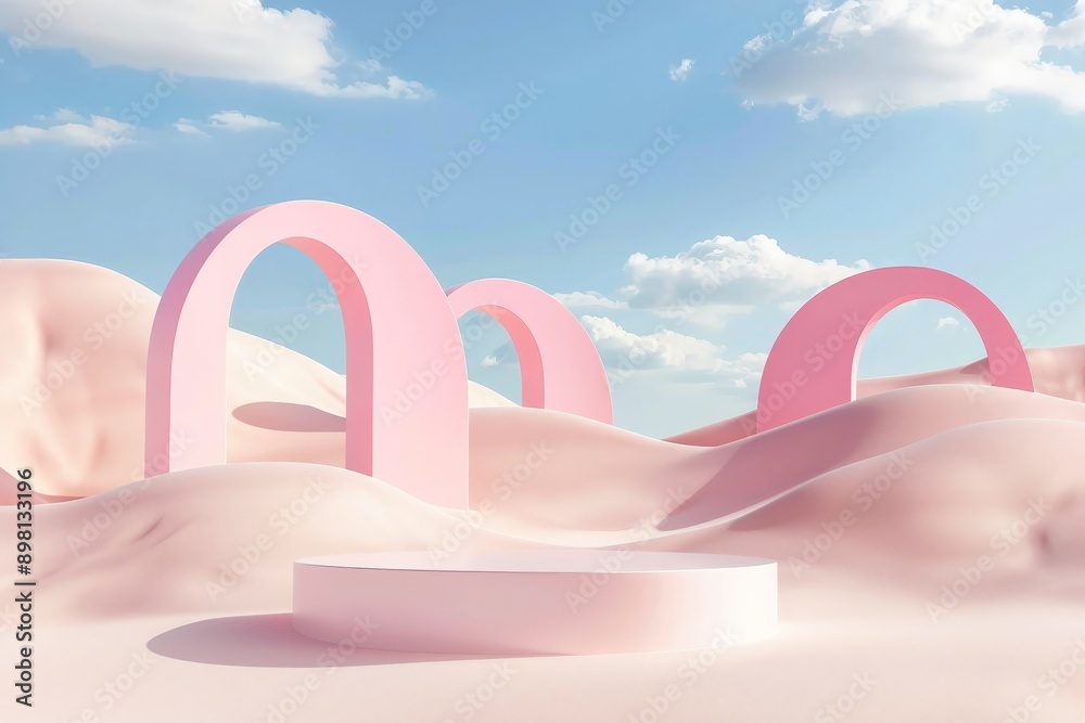 Aufkleber an awe-inspiring surreal landscape featuring multiple coral-hued arches amidst pastel rolling sands.