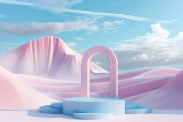 A serene minimalist landscape featuring a blue platform with layered steps, framed by a pastel-hued arch. The background depicts gentle, rolling, pink-hued hills under a blue sky.