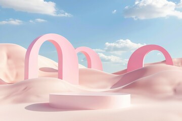 An awe-inspiring surreal landscape featuring multiple coral-hued arches amidst pastel rolling sands. The composition is airy and imaginative with gentle curves.