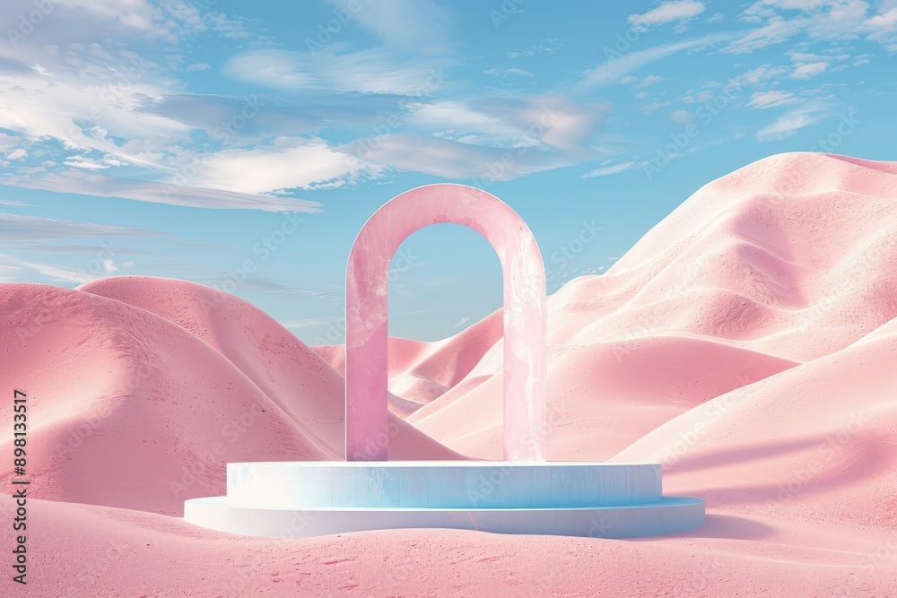Poster a solitary pink arch stands on a blue base in a vast pink sand desert under a clear blue sky with sc
