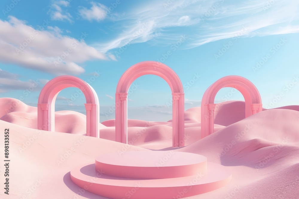 Poster A surreal image featuring several pink arches set in a futuristic desert landscape with soft dunes and a clear blue sky. Ideal for conceptual and abstract themes.