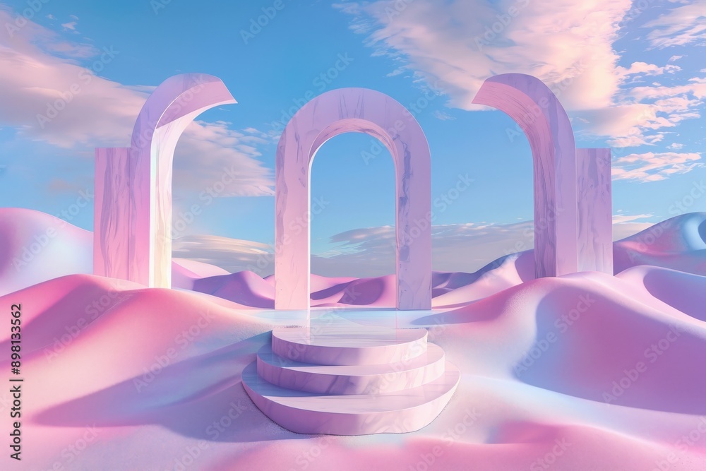 Poster marble arches and a set of steps in a dreamy pastel desert setting with gentle pink dunes and a tran