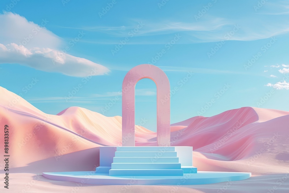 Aufkleber a grand arch with steps leading up, set in a pastel desert landscape with pink dunes and a serenity-