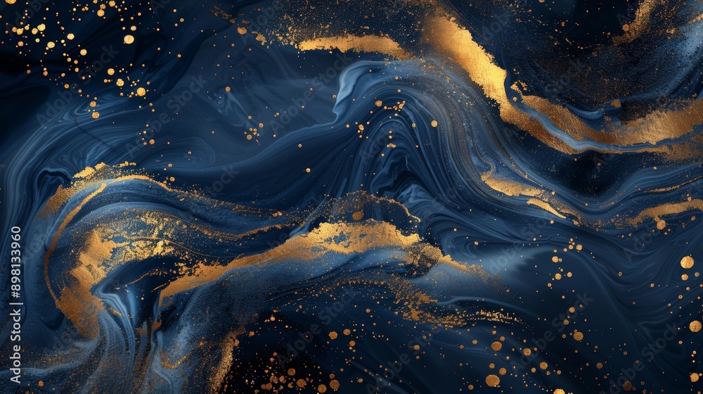 Poster an abstract image featuring swirling, flowing patterns of deep blue and shimmering gold, evoking a s