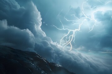 Dramatic thunderstorm with lightning strikes illuminating dark, stormy clouds over rugged terrain.