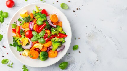 Plated roasted vegetables garnished with herbs focus on, culinary delight, vibrant, Overlay, dining table