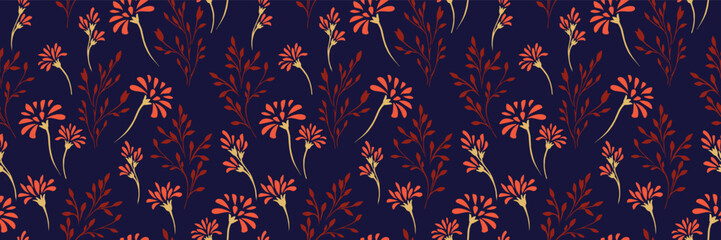 Summer pattern with abstract tiny floral stems and small branches on a dark background. Vector hand drawing unique flowers. Simple ornament for designs, textile, cover, surface design, fabric