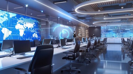 high-tech language translation center where AI algorithms provide real-time interpretation services for business meetings and conferences