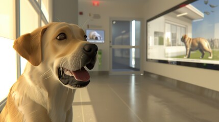 high-tech pet adoption center where potential owners interact with virtual representations of animals before meeting them in person