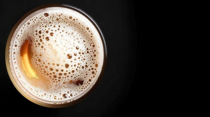 Sparkling frothy beer, overhead view, macro shot, highlighting the effervescent bubbles and deep flavor profile
