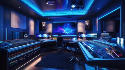 high-tech recording studio where musicians create and mix music using advanced digital audio workstations and virtual reality instruments