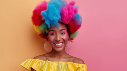 Fototapeta premium A woman in a clown wig and face paint is smiling and surrounded by colorful balloons. Concept of joy and celebration, as the woman is at a party or a carnival