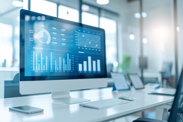 Naklejka premium Business office with brand awareness analytics on a large screen