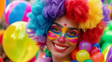 A woman in a clown wig and face paint is smiling and surrounded by colorful balloons. Concept of joy and celebration, as the woman is at a party or a carnival