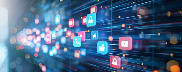 Digital background with unique social media icons and modern lighting